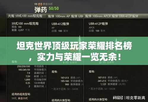 坦克世界頂級玩家榮耀排名榜，實力與榮耀一覽無余！